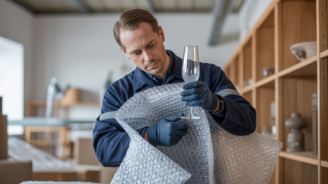 A professional mover carefully wrapping fragile glassware for a fragile-only pack