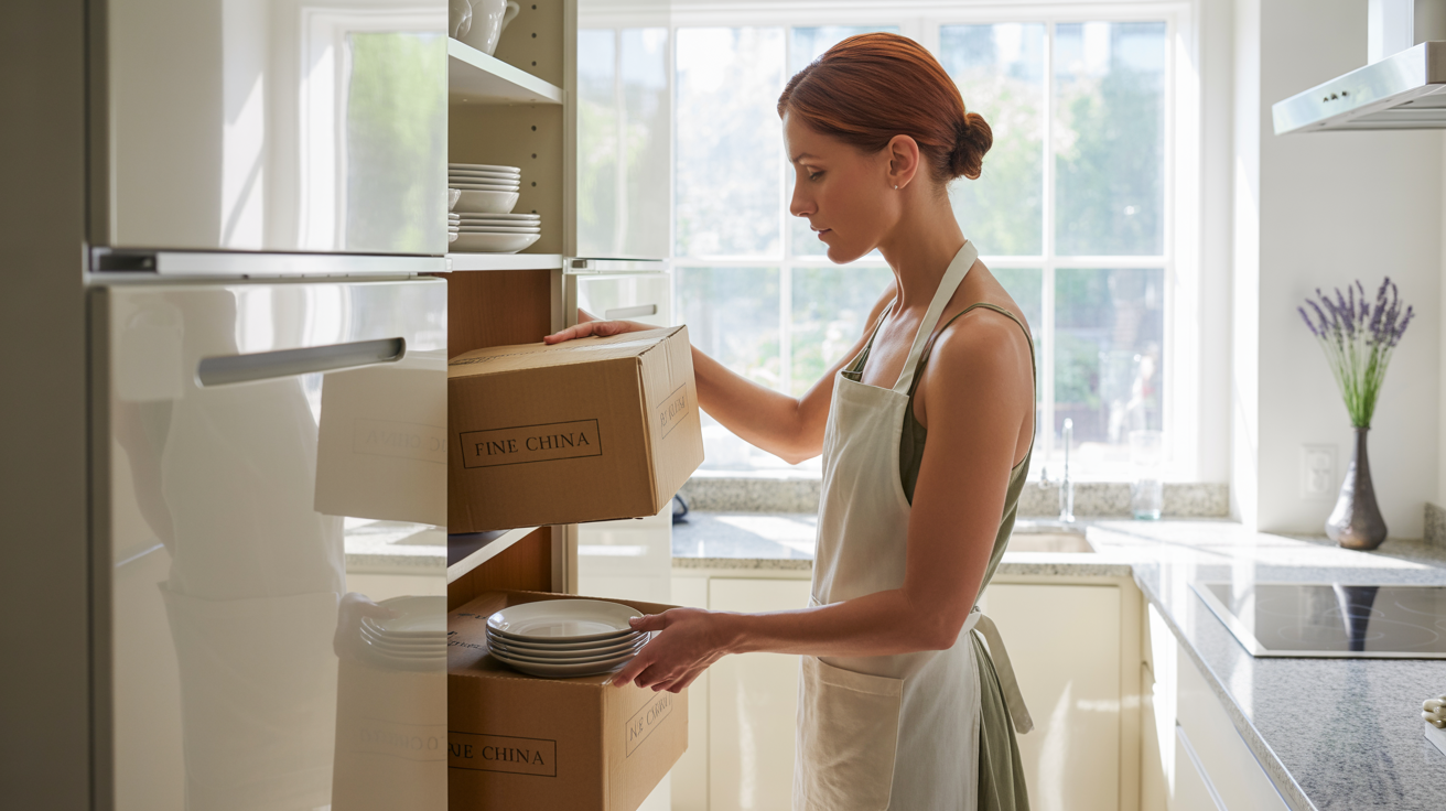 An organized kitchen with items being placed into cabinets from boxes during unpacking service