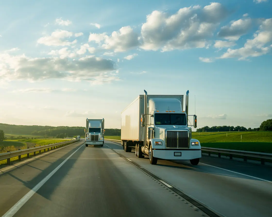 A modern moving truck driving on a highway at sunset