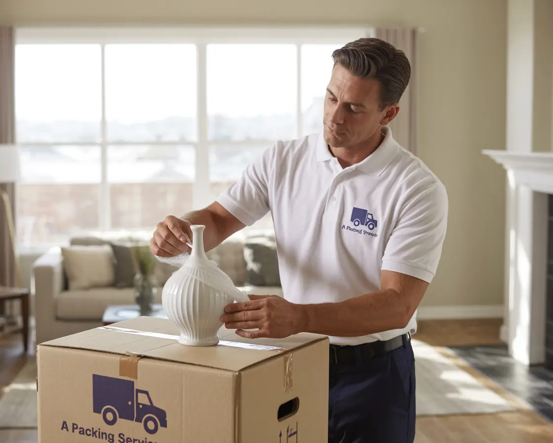 Professional mover carefully packing items into a box